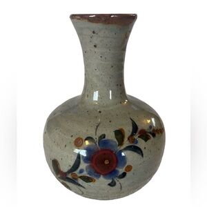 Mexican Vase Tonala Pottery, Glazed blue/Red flowers. 6.5”